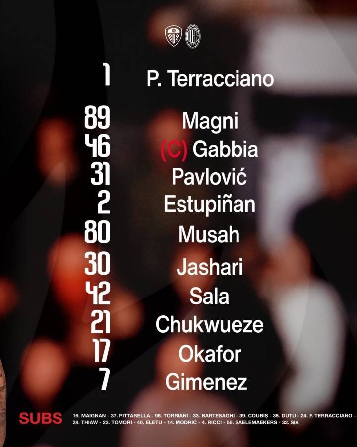 利兹联vs米兰首发：亚沙里首秀！魔笛替补，穆萨、希门尼斯先发